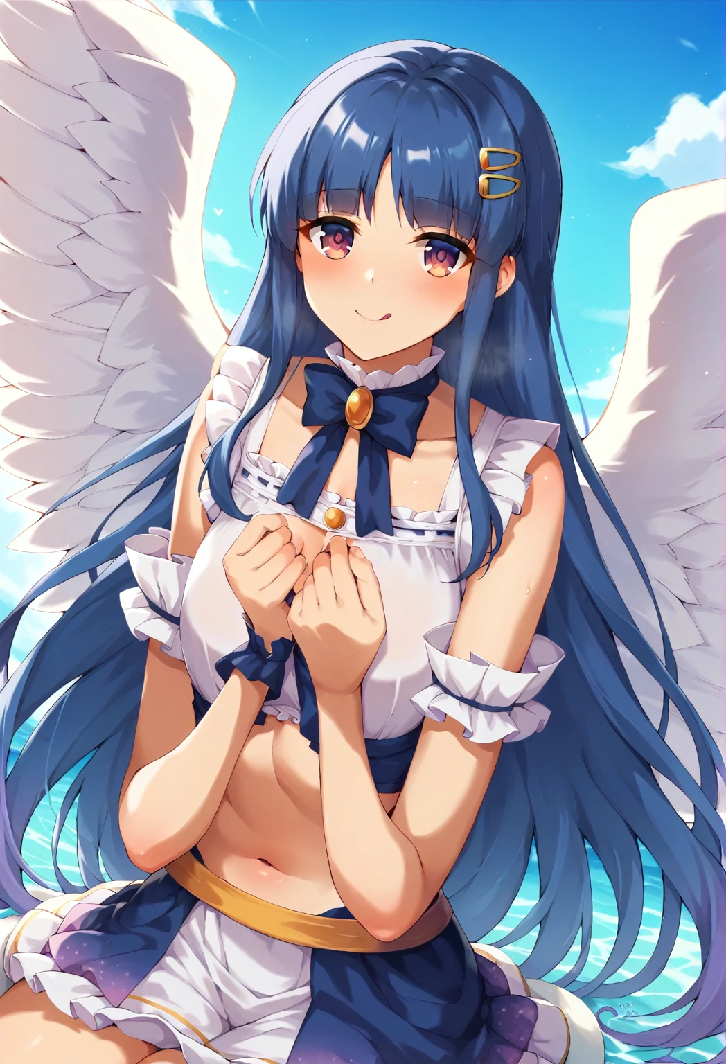 masterpiece, best quality, <lora:Hayate:0.5>, hayate ayasaki, solo, boy, long hair, blue eyes, blue hair, ponytail, goddess dress, necklace, gold necklace, bracelets, gold bracelets, gloves, blue gloves, fingerless gloves, scrunchie, white scrunchie, barefoot, flat chest, angel, wings, white wings, angel wings, outdoors, grass, day