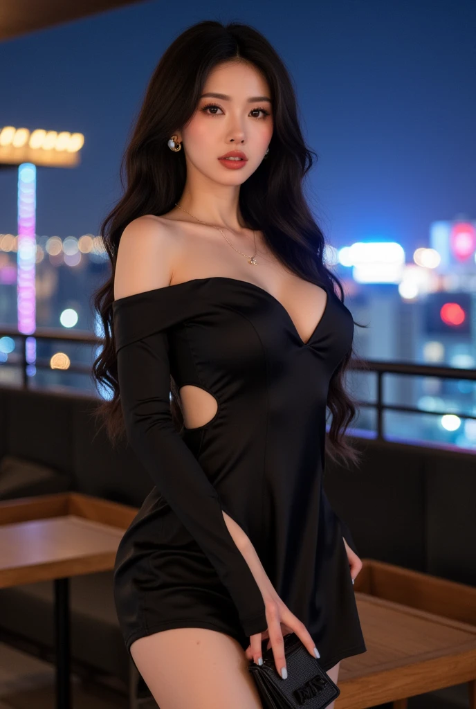 ((Midnight, Best quality, 8k, Masterpiece :1.3)), Whole body, Long legs, Sharp focus :1.2, A pretty woman with perfect figure :1.4, Slender abs :1.1, ((Dark brown hair, Big breasts :1.2)), (sexy dress, thighs, in acafe, cutepussy), ((Night city view, sexy seductive pose)), Highly detailed face and skin texture, Detailed eyes, Double eyelid