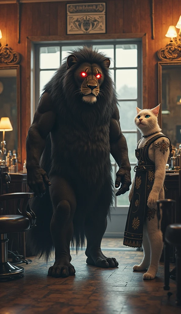 big anthropomorphic cat 7 times bigger than a human, take photo with a girl, standing, lightroom, Cinematic, hdr, primitive, Intricate, High quality, soothing tones, Intricate details, Low contrast