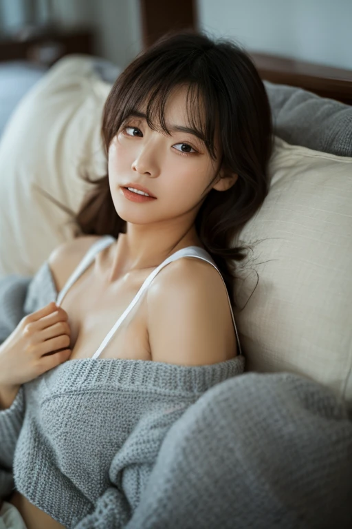 (best quality,4k,8k,highres,masterpiece:1.2),ultra-detailed,(Ultra-realistic, photorealistic,photo-realistic:1.37), 1 beautiful young Japanese Italian half model, 17yo, smiling seductively, sitting on a bed, detailed eyes, high nose, blue eyes, delicate facial features, long eyelashes, peaceful expression, wearing a sexy dress, detailed folds and textures, Sparkling Waves, warm vibrant colors, cinematic lighting, 8k, high quality, photorealistic, masterpiece, studio lighting, detailed texture, vivid colors