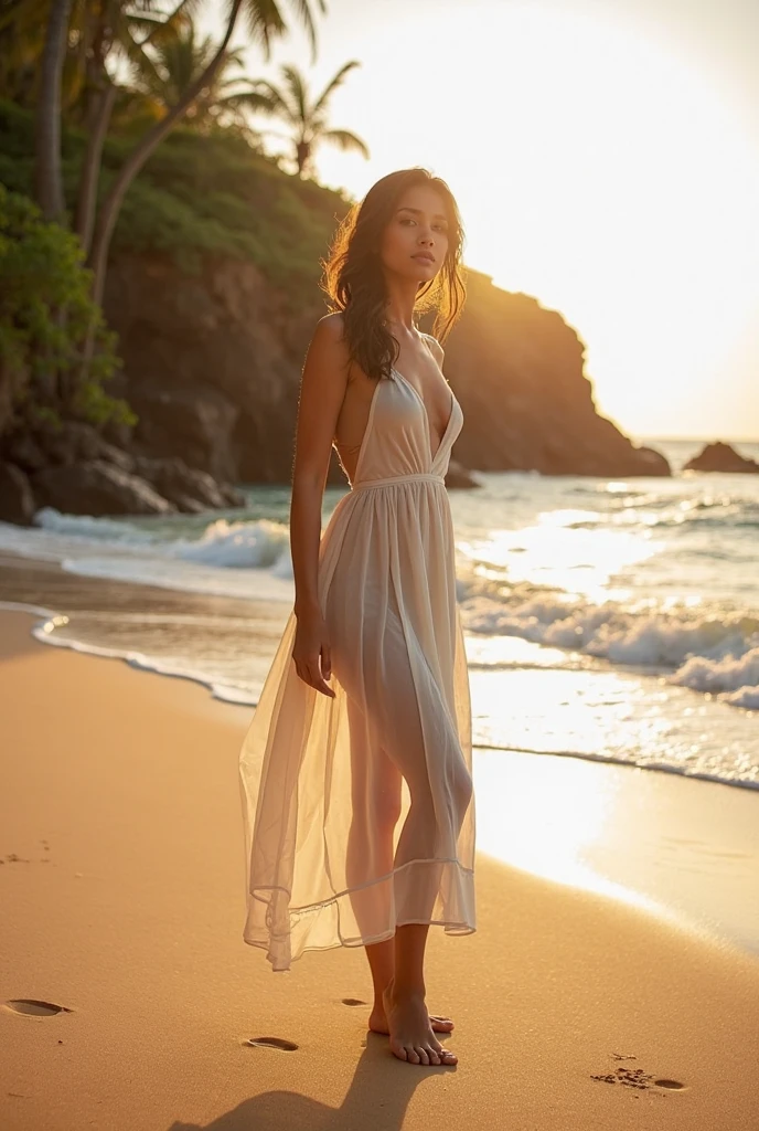 woman walking wearing a white maxi dress, pink sunset, clouds, ocean, wavy dark brown hair, young woman, without makeup, natural makeup, subtle makeup, stunning full body shot, piercing brown eyes, beautiful angle, attractive pose, cute girl, Latina, Vanessa Hudgens, cleft chin, portrait, telephoto, centered subject, full body picture, full body, full body shoot, high detail, satisfied pose, small breasts, slim body (beautiful detailed face, beautiful detailed eyes), tanned, glow, sweat, (sunshine, sunbeam, sunlight, sunset),