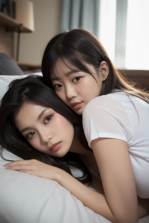 ((highest quality, masterpiece :1.3)), Photorealistic、Ultra-high resolution、Natural skin texture、Hyperrealism、Near Movies、Beautiful Japanese girl in her early teens、One girl、Tight crop top、Lying in bed、Frightened expression、Tears flowing