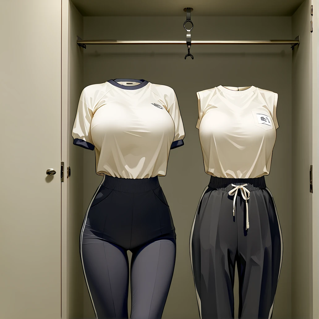 Invisible girls, world without humans, headless, sailer uniforms, (realistic: 0), headless, empty, handless, headless, invisible girls, tracksuits with cleavages, empty clothes, invisible body, invisible head, empty clothes, invisible girl, hanger tracksuits with cleavages, invisible body, invisible head, tracksuits has big breasts and cleavages, tights, hanger tracksuits in a closet swells as if worn by invisible busty girls, girl's busty tracksuits begin to fold their sleeves and to raise their sleeves on its own as if worn by invisible girls, hanger tracksuits has big breasts and cleavages