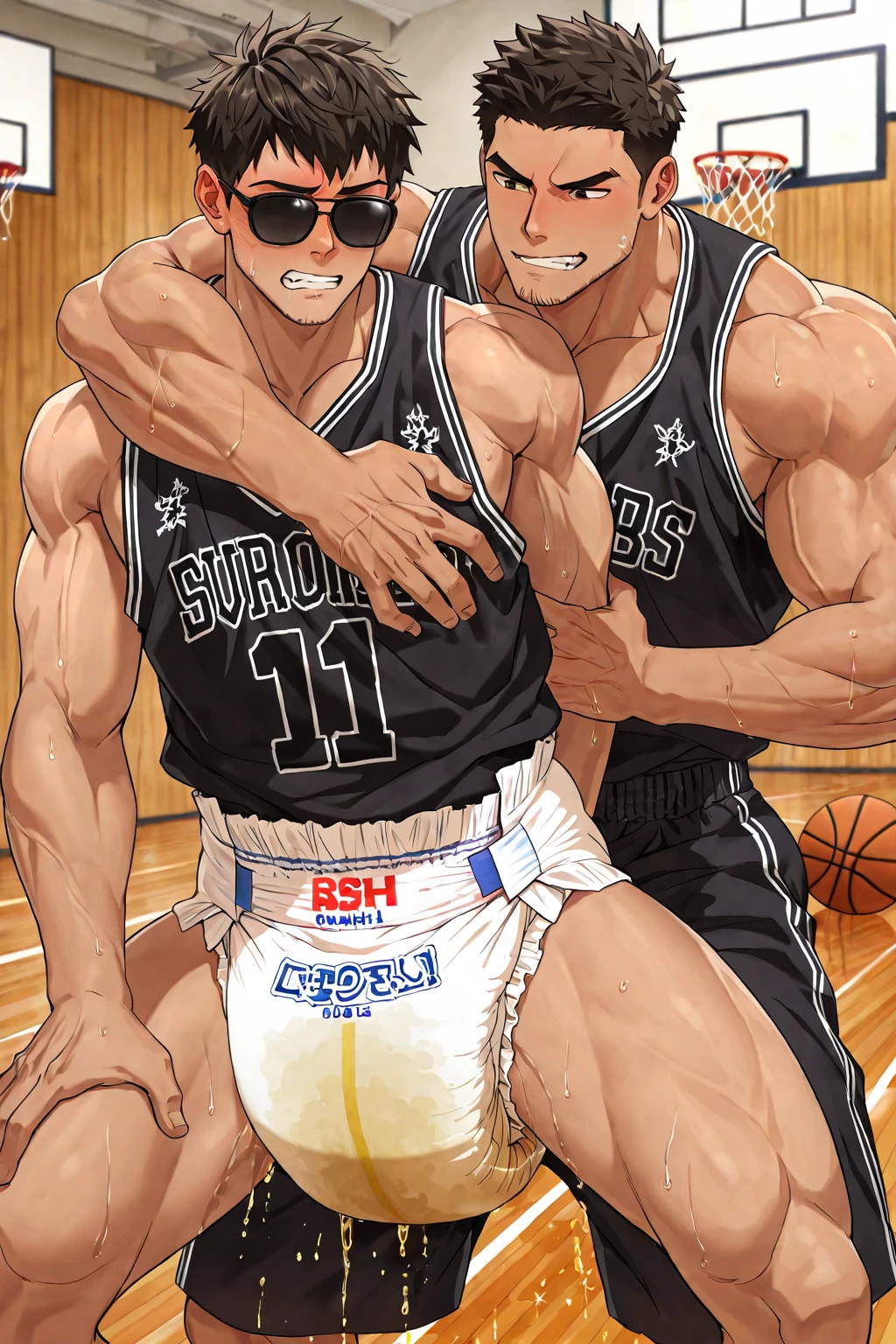 2boys, full body, male focus, muscular male, best quality, amazing quality, best aesthetic, absurdres, in a dark basement, gay couple, official style, year 2023, game cg, looking at viewer, happy, looking at viewer, together on picture, yaoi, gay couple, emphasizing the extraordinary size of pregnant belly, (bakugou katsuki), Eijiro Kirishima red riot, boku no hero academia, chained up on the wall, hands chained up on the wall, nipples, wearing black underwear, grin.
