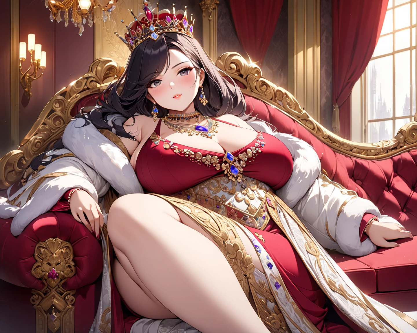 A very beautiful queen with a voluptuous body sitting doing a sexy pose on a golden throne with many jewels embedded, (Alone), very beautiful and detailed face, erotic body, a tight-fitting red dress green eyes, Jet black hair, very long hair, naughty face, cowboy shot, anime style, Masterpiece, The background is the throne room of a European royal castle, The best quality, highly detailed, UHD, 8k, vivid colors