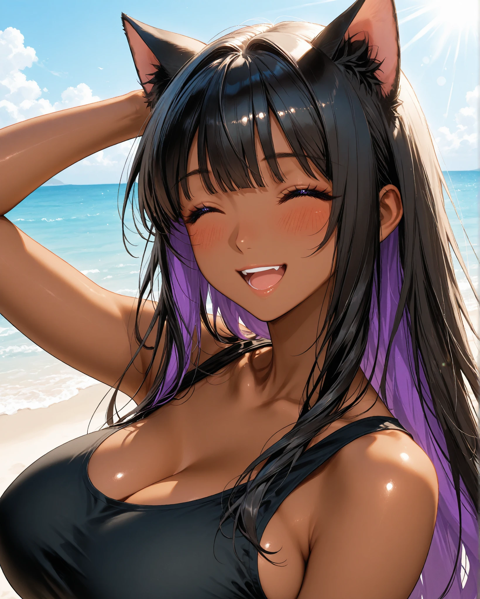 ((​masterpiece、top-quality:1.5、a high chroma:1.5、ultra-detailliert、high-resolution illustrations:1.5、Ultra-high-definition CG、8k size wallpaper、offcial art))、((from above:1.5)),(1woman,),(cute face:1.5,cute eyes:1.5)、(grin:1.3)、(sexy body),(sit wariza:1.5),(micro bikini:1.5)、,(multicolored hair:1.5), (large breasts)、(oil skin:1.5),(curvy:1.3)、(Portrait)
,(Shining yellow eyes:1.5),(midsummer beach　strong sunlight:1.5)、(upper body:1.5)、animesque