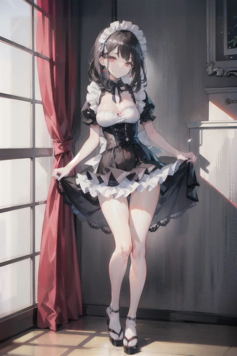 (Highest quality、masterpiece、Super detailed、One Girl、Cute face、Black silky short hair、(((Short hair in twin tails、Short bob twin tails)))、Gray eyes、From the knee up、Gothic Lolita Fashion、Highly detailed eye、Little red cheeks and nose、Cute face、