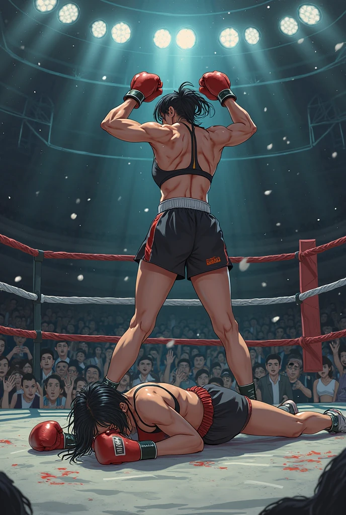 two person. His fist is against her belly. Her body is being wildly beaten by him. a man and a naked girl is fighting in a octagon ring. a man is punching bloody pretty young japanese girl fighter so hard. she is dominated by him. she is crying and screaming. she has short-cut black hair, shortness of breath, drool from her mouth, closed eye, exhaustion, and sweat soaked. open finger grobe. full body. Muscularity. Six pack abs. Erect nipples.