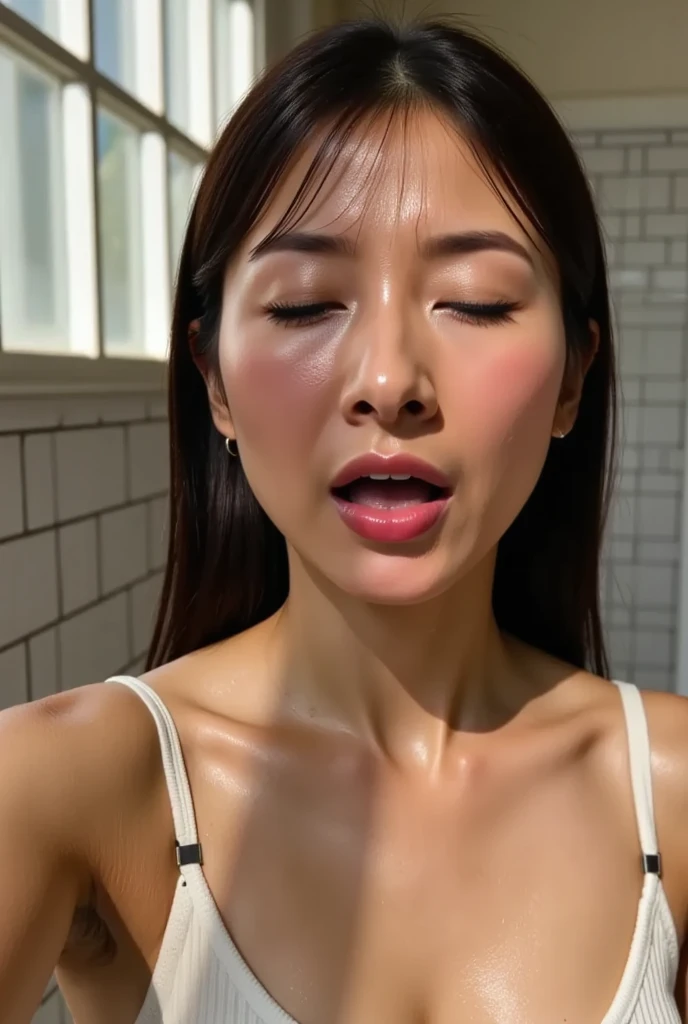 ((Best Quality, 8K, Masterpiece: 1.3)), 1girl, tank top with bra inside that enhances cleavage, super fine face, Delicate eyes, Double eyelids, teasing smile, she craves your cum, lustful, horny, (big breasts in sports bra: 1.2), close-up, beautiful background, perfectly shaped cleavage, breast enhancement, perfectly and strongly applied e-girl make up, hot Vietnamese , perfect body, mouth open, tongue out, full lips, red lips, heavy make up, plain sports bra, soft cleavage line, cum on breasts, close to you, intimate , beautiful seductive face, black tank top, open mouth , smooth skin, eye contact, raised eyebrows, perfect pov blowjob, deep cleavage,