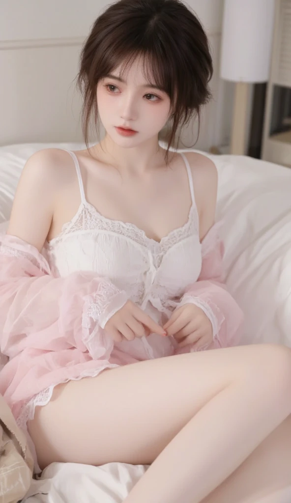 Best quality，masterpiece，Ultra-high resolution，（Realistically：1.2），1 girl，Blink，Selfie，Elegant color Hanfu，Lady hairstyle，Oval face，no head gear，Charming smile，Double eyelids，A pair of peach blossom eyes，，Necklace，cute，Snow-white and translucent skin，Look directly at the audience，In the tea room，Make tea，peaceful,Beautifully，Full of atmosphere，（Upper part of the body：1.3）