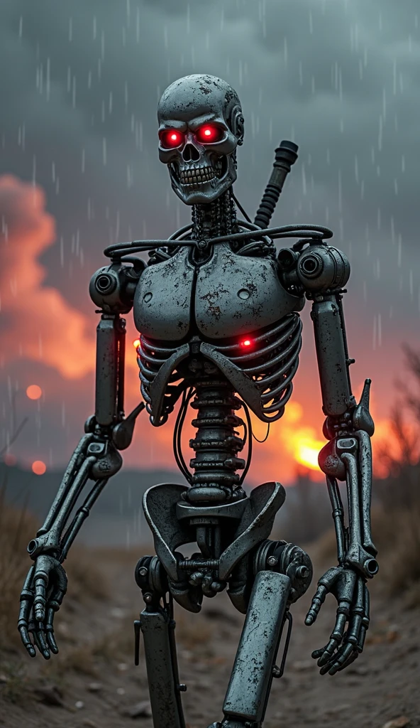 Digital illustration featuring a post-apocalyptic scene in stunning 4K resolution. The central subject is a highly detailed, anatomically correct humanoid Terminator robot with a skeletal metallic structure, glowing red eyes, and intricately rendered remnants of human-like features, including patches of synthetic skin and hair. The robot's heavily damaged body exposes intricate mechanical components with super fine details, showcasing its metallic inner workings. The background is a desolate, war-torn landscape with a reddish hue, filled with smoke and debris that adds to the chaotic atmosphere. In the distance, another similar robot can be seen, holding a large weapon, further emphasizing the dystopian theme. This masterpiece of digital art boasts exceptional quality and attention to detail.