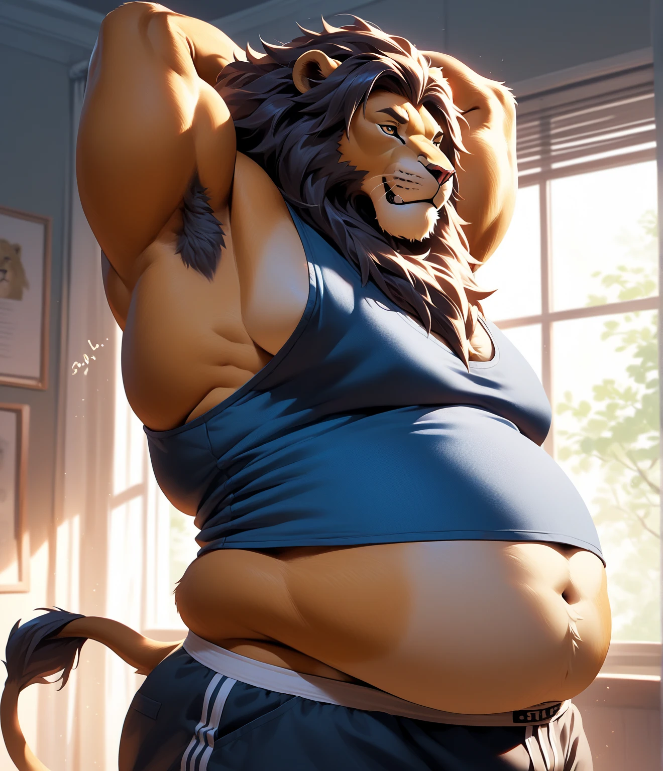 male lion with a long flowing blonde mane, beautiful detailed eyes, beautiful detailed nose, beautiful detailed lips, extremely detailed eyes and face, long eyelashes, very massive and very obese body, very big belly, very fat belly, very fat body, powerful arms and pectorals, wearing tight black jockstrap, about to enter luxurious jacuzzi in lush garden on beautiful sunny day, (best quality,8k,8k,highres,masterpiece:1.2),ultra-detailed,(realistic,photorealistic,photo-realistic:1.37),HDR,UHD,studio lighting,ultra-fine painting,sharp focus,physically-based rendering,extreme detail description,professional,vivid colors,bokeh,cinematic,realistic,correct eyes and anatomy