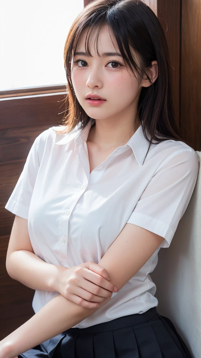a closeup, masterpiece, top-quality, FULL ANATOMY、Raw foto, Photorealsitic, faces, unbelievable Ridiculous, beautiful a girl, cute little, shorth hair、depth of fields, hight resolution, ultra-detailliert, finely detail, ighly detailed, extremely detailed eye and face, Realistic pupils, foco nítido, Cinematic lighting、flat breast、tiny chest、small tits、(Petite bust:1.2)、Petite bust、 (Slimed、small tit、flat boobs、small tit)、 a 20 yo woman、Sexual facial expressions、sexy pose、 Wet body、Blushing、Sweating、Very embarrassed look、yawns、The face is bright red、Schoolgirl Uniform、Panties are visible from the skirt、Very detailed 8k wallpaper、Sheer white shirt、Navy blue ribbon at the collar、Dark blue pleated micro mini、Show me your whole body、Plump panties、White Sox、((Lift the hem of the skirt、Lift the hem of the skirt with both hands、Lift the hem of the skirt yourself,、Show the camera a little bit of white silk panties))、is standing、Classroom、depth of fields、Bokeh in the background、Hairstyle with bangs