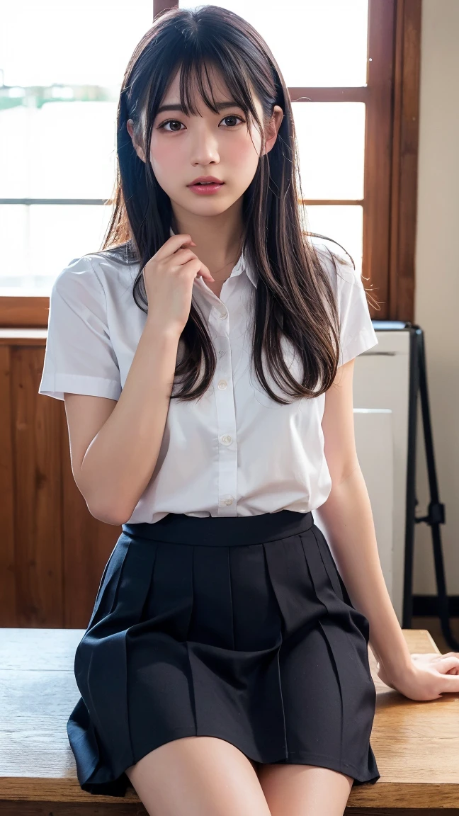 Masterpiece, (((full body photo))) Russian girl, 15 years old, Japanese , tight school shirt, tight , short skirt showing lace panties, (most realistic picture), sexy, Ara Very sexy, gigantic breasts (very rounded curves), extended hips (large), juicy oily skin, 32k level sharpness,