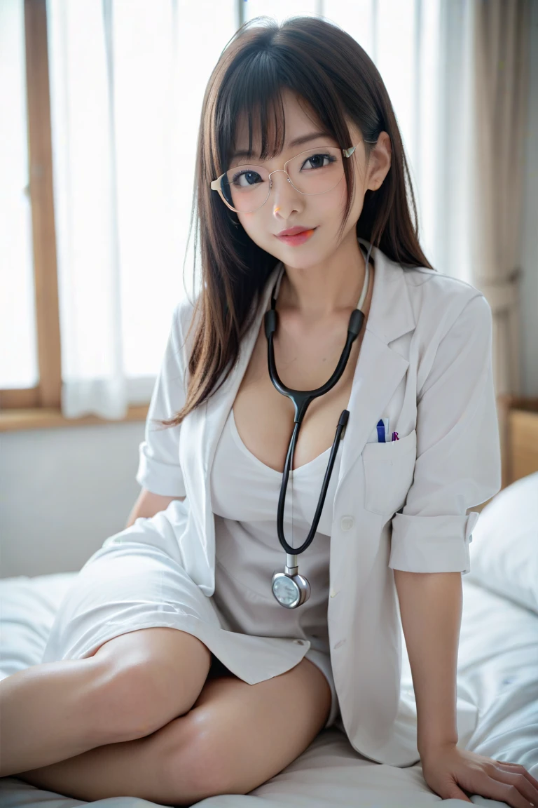 Photorealistic beautiful doctor、stunningly beautiful、doctors white coat, Doctor Fashion、(top-quality、8K、32K、masterpiece、nffsw:1.3)、超A high resolution,(Photorealsitic:1.4),Raw photography, Detailed face,,Beautiful long hair, ((Doctor Style)), , tight skirts、 Natural makeup, Breast cleavage, large full breasts、inside hospital, Detailed background, Perfect Lighting, depth of fields, Beautiful shadow gradient,stethoscope , (((fullllbody))), Full body capture, fullllbody, Legs wide open, Open legs, Black pubic hair, look to the camera, Eye for detail, Beautiful eyes,Doing pieces by hand,Raise your right arm,