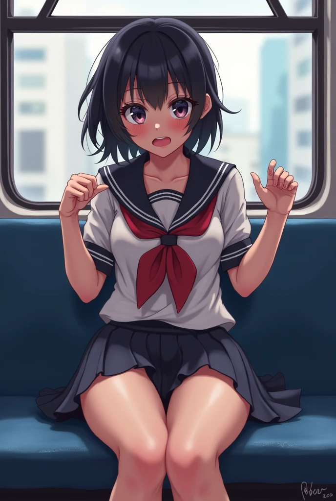 Browsing Caution,4K,Gal:1.3,Anatomically correct,school uniform:1.3,A pure and innocent girl, Very cute face, Like an idol, (masterpiece:1.2), (high quality)naked, Lifting clothes, Brown eyes, pure gaze,  blush,(Sweating profusely),physical education, Beautiful feet, ((in the train))
