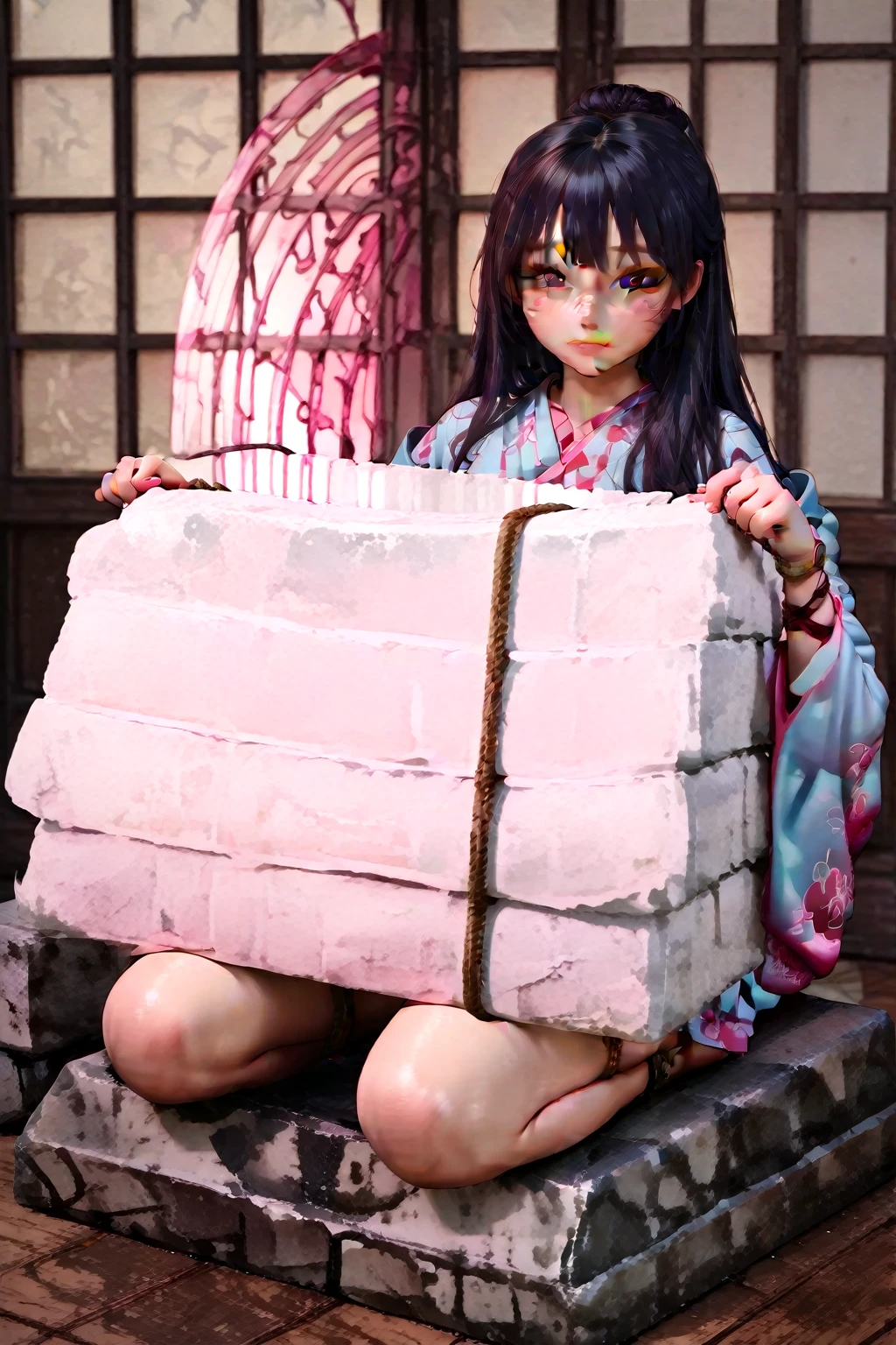 (Fox Girl, Fox Ears, Black colored hair, Fox Makeup, One Girl, Long Hair:1.6), (kimono, Kimono with open chest, A beautiful kimono with red and black patterns, I can see her cleavage, Open chest, Exposed skin:1.8), (Body measurements are 75-60-75!, Young girl body, Small breasts, Small breasts, Emphasize the chest, Knees are slightly visible, Muscular, Abdominal muscles, Hide your own chest with your hands:1.9), Avatar, face, lewd face, Dominant representation, naughty face, Uplifting, Skin Texture, outside, Grassy field