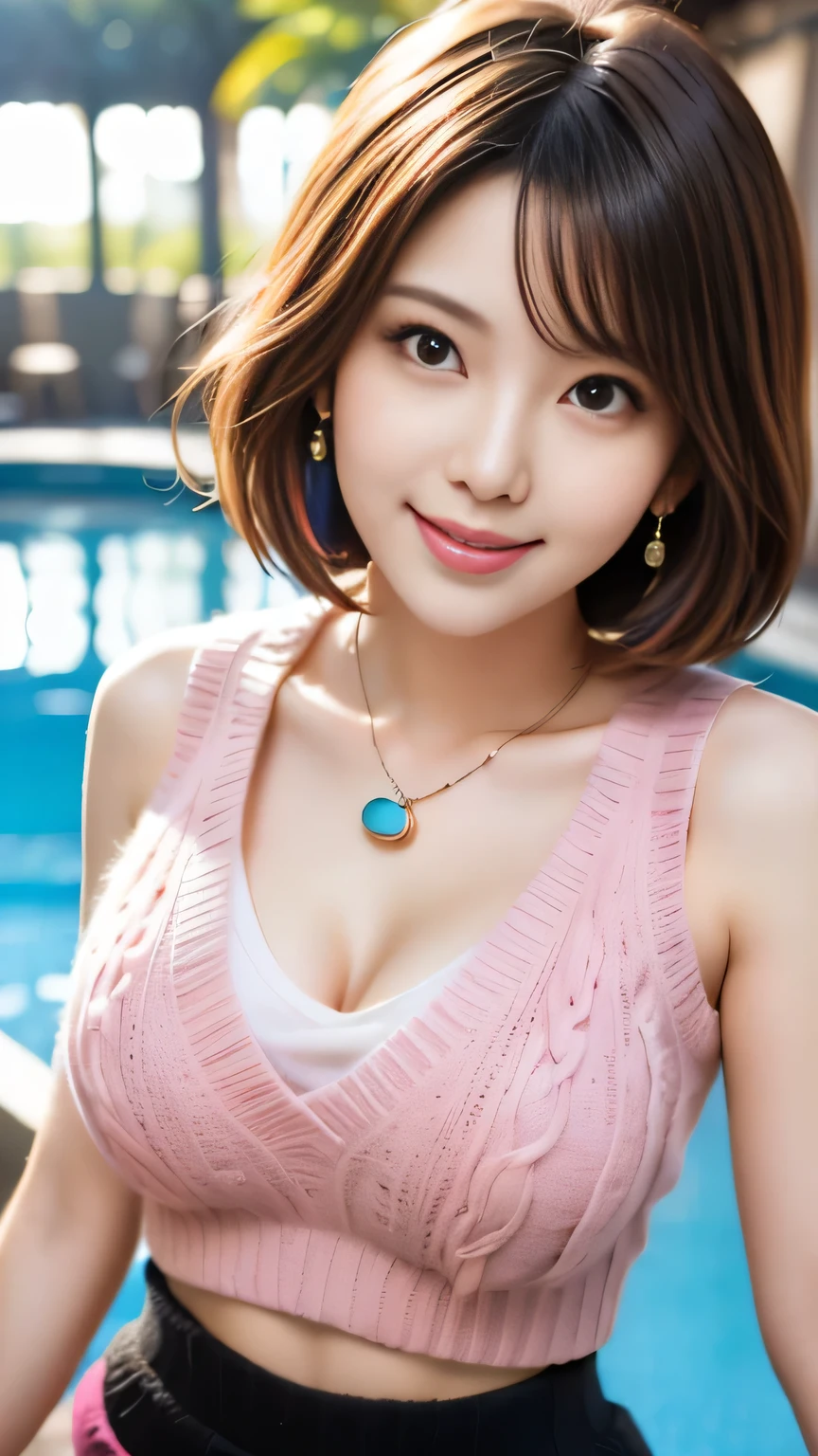 205 ((short hair)), 20-year-old female, In underwear、Put a cardigan over your shoulders、 A refreshing smile、Beautiful teeth alignment、Dark eyeliner、Dark brown hair、ear piercing、Necklace around the neck、Looking at the camera