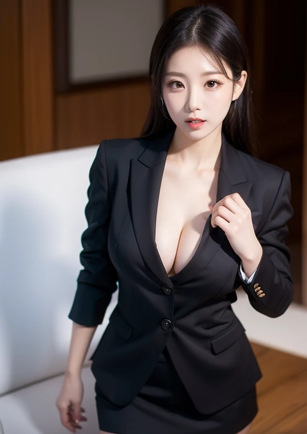 Beautiful woman, 25 years old, high ponytail, bright purple hair (like bright silver), perfect purple hair, Beautiful breasts, (Realistic skin),elegant upper class wearing a black pantsuit, black jacket, white shirt, cleavage visible, black pumps, and a business shirt. Elite secretary, working in the office, wearing a strict business suit, pantsuit style, wearing luxury high heels, girl wearing a shirt, wearing a business suit, wearing a business suit, black nail art, business Wearing a suit, Businessman, Business clothes, Wearing a black business suit, Wearing a white shirt and black jacket, Woman in a business suit, Business suit, Business attire, Raw photo, (8K, highest quality, Masterpiece: 1.2), (Complex Detail: 1.4), (Photoreal: 1.4), Octane Rendering, Complex 3D Rendering Super Detail, Studio Soft Light, Rim Light, Vibrant Detail, Super Detail, Realistic Skin texture, surface details, beautifully detailed eyes, highly detailed CG Unity 16k wallpaper, supplement, (detailed background:1.2),pony tail
