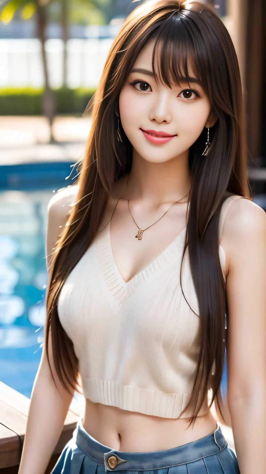 (Masterpiece: 1.3, Best Quality, 8k) On a bench in the garden there is a beautiful woman (perfect figure: 1.4) with dark brown hair, (pendant), V-neck T-shirt with ripped shorts, highly detailed face and skin, detailed double eyelids and eyes.