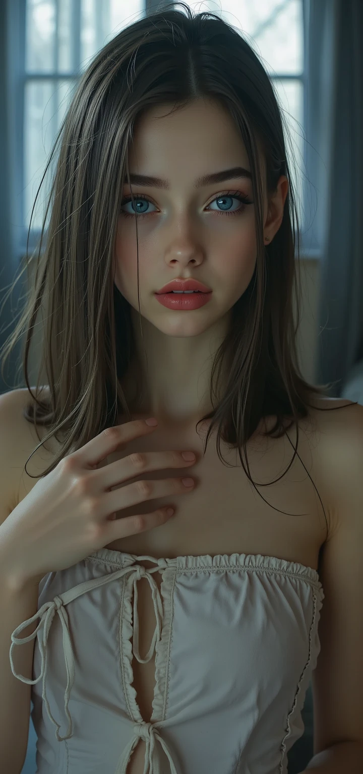 ultra high resolution, (photorealistic:1.4), photo and gross,((average, Best Quality, 8k, Masterpiece :1.3)), with medium breasts, unclothed, green eyes, long brown hair, thin waist, full body photo in a room, perverted face