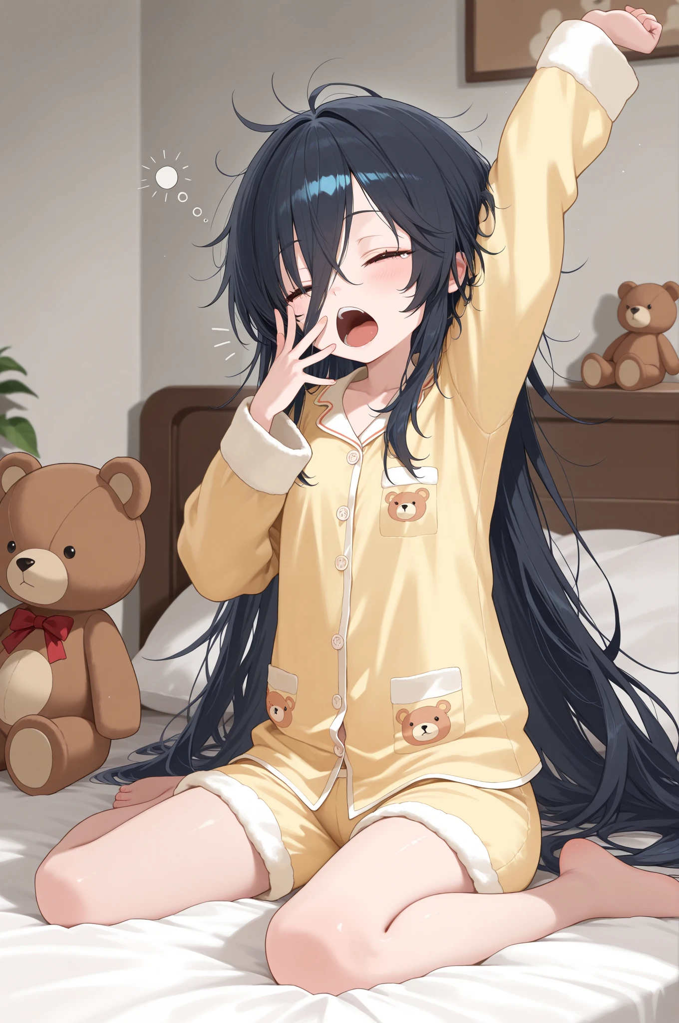 One girl, Open your mouth, Black Hair, Long Hair, bangs, Sleepy, Character design drawings, anime, Ghibli-style colors, Gentle colors, Simple room、Sitting on the bed、Teddy bear、morning、Waking up、In pajamas