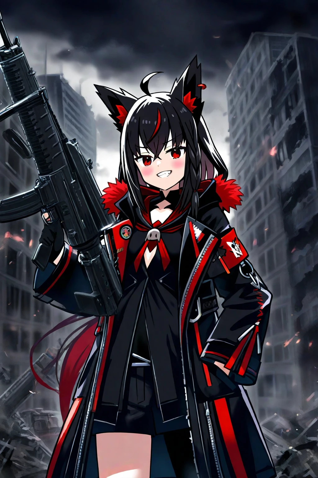 shooting,holding_weapon,独奏,black suits,sunglasses,twintail,black hair,masterpiece,best quality,super detailed,super fine illustration,8k,dynamic angle,battle scene,in dark room,detailed background,Break she is running forward.