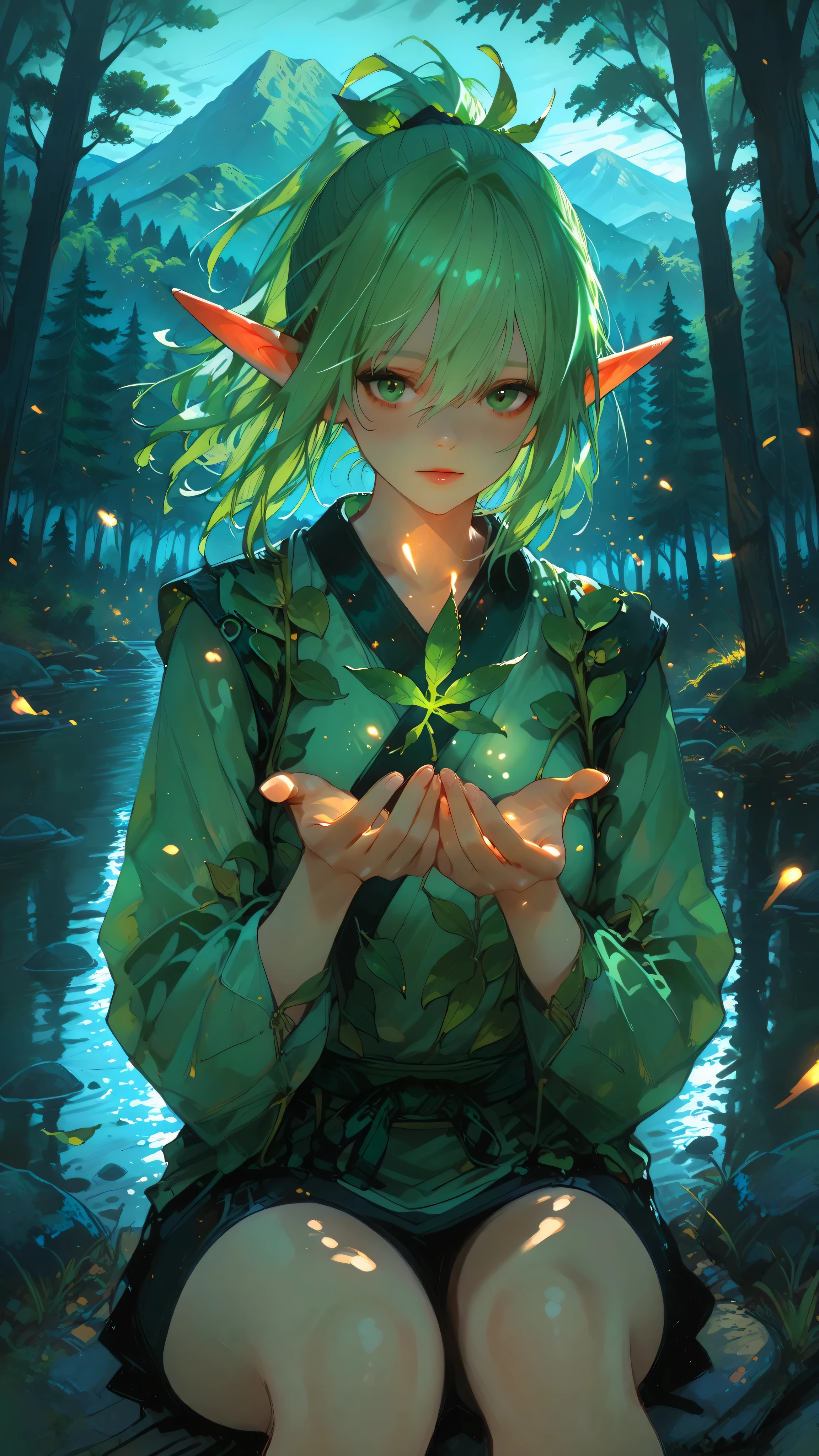 748cmstyle, anime girl, perfect hands according to anatomy, 5 fingers, perfect legs according to anatomy, 2 legs,
realistic shadow quality, realistic reflection quality, Realistic light quality, masterpiece, High Quality, High Quality, High quality eye detail, very aesthetic, Newest, Detailed Scenery,
dynamic angle, upper body: 1.3, anime elf girl, The ears are not very long, wind-blown ponytail, Wearing a leaf outfit, Looking at viewer, sharp green eyes, mountain forest in the background at dawn, cinematic lighting.background blur, anime style 4 K, anime fantasy artwork, 4k anime wallpaper, Artwork in the Guvez styleHD lighting and dark )<=(epic image quality)dark atmosphere with bright particle light(many effects in background)