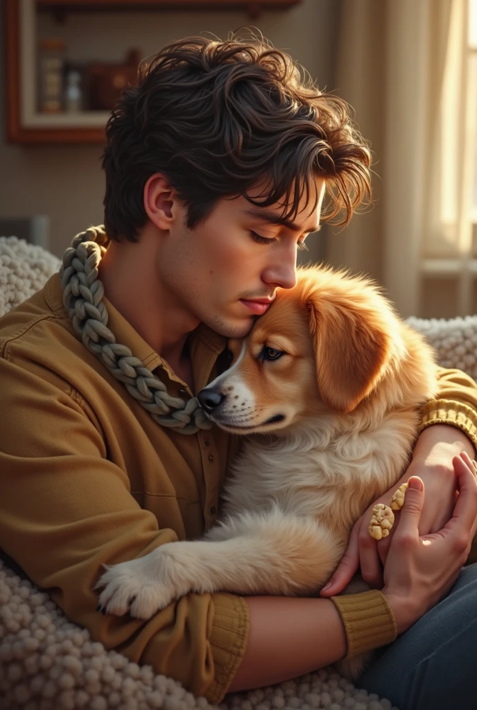 Ragazzo maschio con collo lungo che fa il gay e si mette ad accarezzare il suo cane