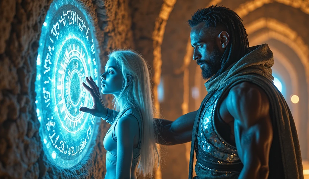 An 1 girl with blonde hair and golden strands, Sansa Stark style and a John Snow style man, 30 year old strong high in a cave.
They are drawing on the walls