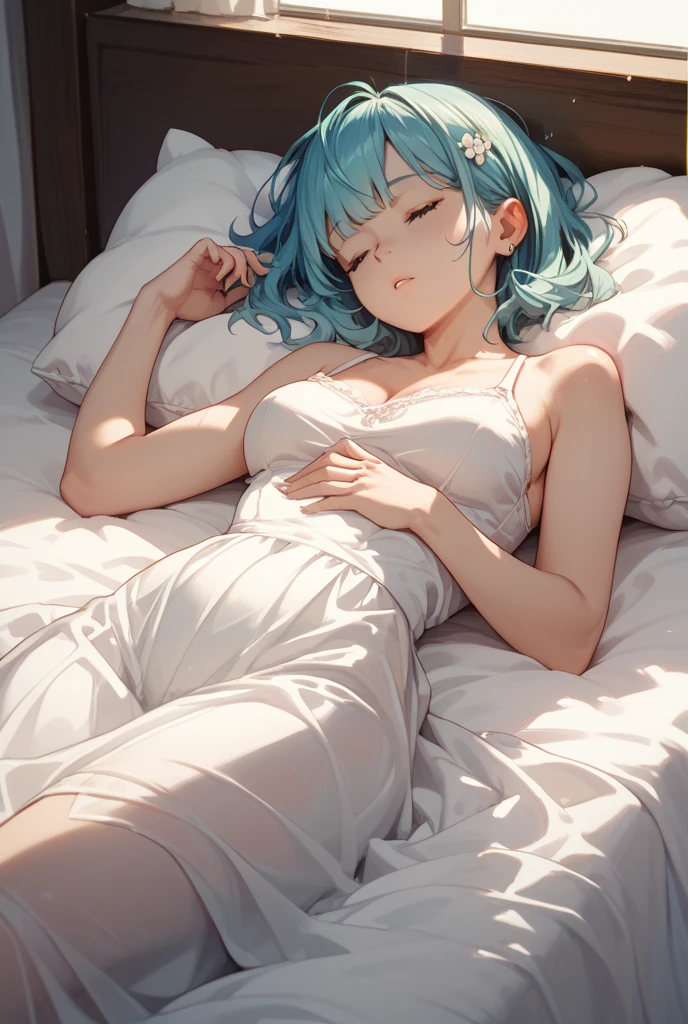 (masterpiece:1.3), (best quality:1.3), high resolution,
from above, dutch angle, full body,
on back, sleeping, dynamic pose,
(one cute girl:1.3), solo,
white skin, small Breast, eight-headed person,
light blue hair, (bobbed hair:1.2), short hair, (blunt bangs:1.2), beautiful detailed eyes,
(sleeping face:1.2), (both eyes closed:1.2),
sleeveless dress, pyjamas, earrings,
indoors, (night:1.2), white room, bed,
shadowlighting,
