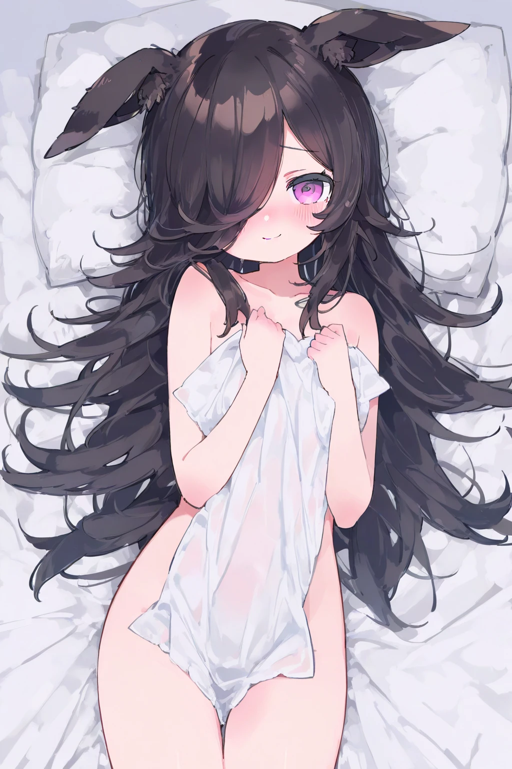 Furry black bear,Black skin,Loli body,Blue eyes,Long black hair,In the daytime,Glowing hair,No panties,did not wear underwear,A shy look,Lying in bed,Full body like,Top view