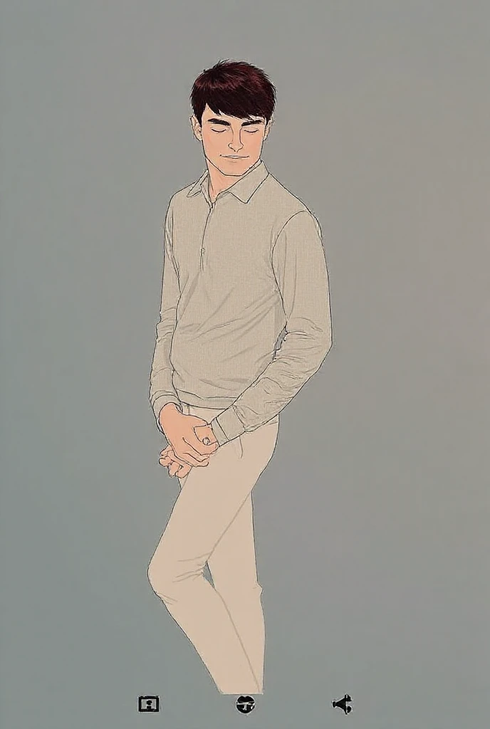 Skinny 17-year-old boy wearing a white short-sleeved dress shirt, brown pants and white sneakers, brown hair is sitting in a chair facing him, he is holding his giant penis ,Big dick,his shirt is unbuttoned he looks at it with pleasure and anger 