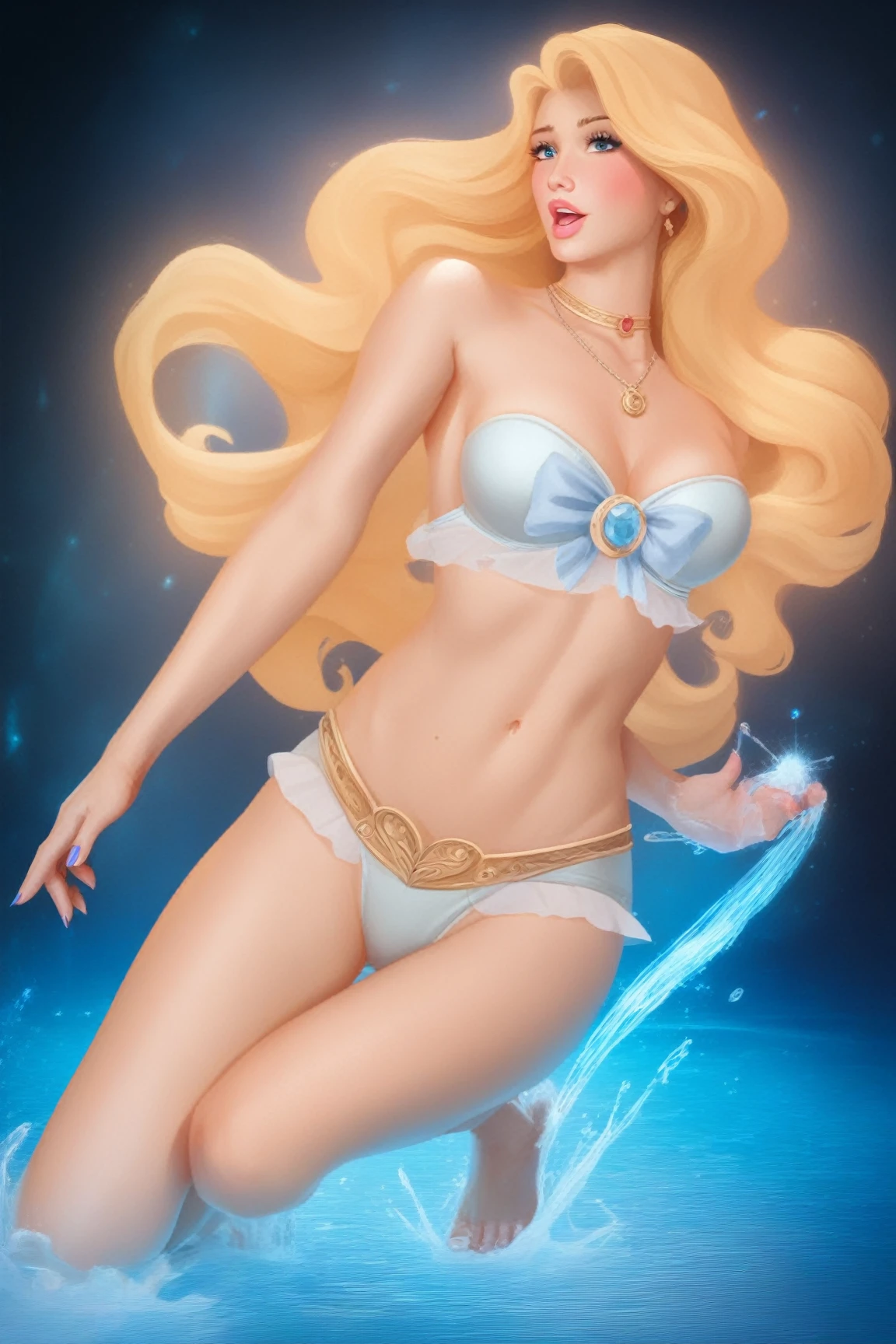 (best quality, masterpiece), (solid outline:1.2), Sailor Moon, simple background, solo women, full body, long blonde hair, crown, sailor moon cosplay, wavy hair, detailed face, smirking, medium breasts, model pose, shoes, Cleavage, face view, ass view, white panties, thong, hands behind body, white bra, big breasts