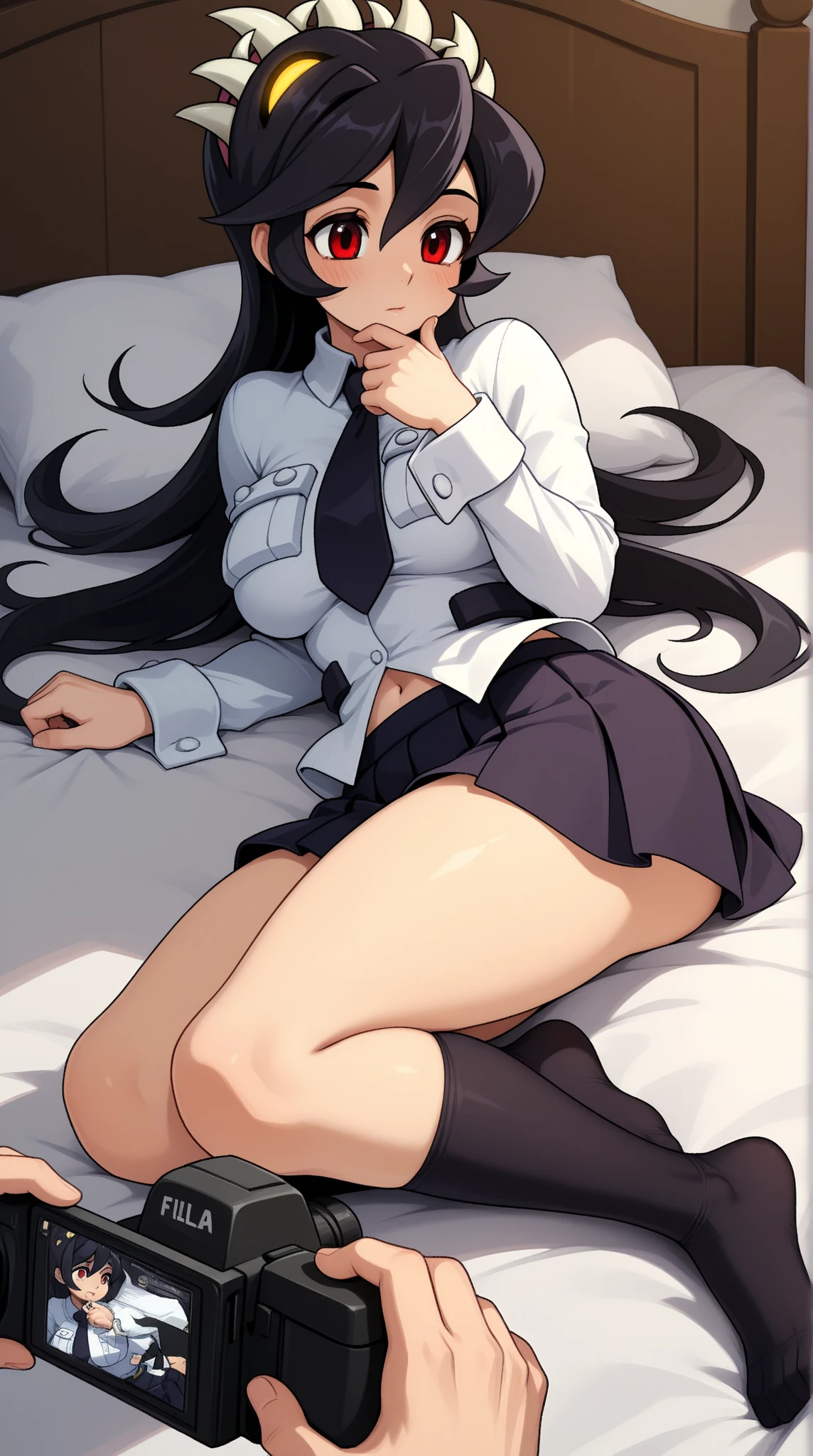 masterpiece、highest quality、High resolution、1 girl、low length、barefoot、(((Yor Forger、jet black hair、red eyes)))、detailed depiction of the face、blush、shy smile、See here、sexual expression、(Lying in bed、lean back)、slender、muscular、thin legs、(((White formal shirt、bedroom、panties with detailed decorations)))、Super perspective、wide shot、foreshorten、fighting stance、Photograph her from below、lie down with legs spread