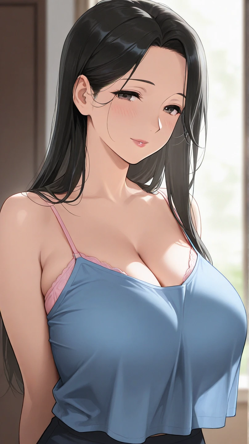 8K, high quality, animation, married woman, fair complexion, beautiful woman, small face, neat, bright, emphasis on eyes, sexy, super big tits, beautiful line drawing. Black hair, white skin, brown eyes, smiling, breast up, ((big tits)), black dress,