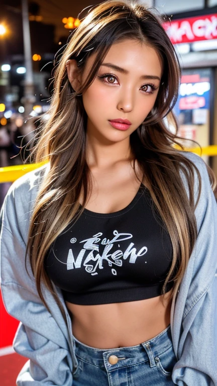 ((Best quality, 8k, Masterpiece :1.3)), Fashion photography, A tall and pretty woman, Perfect figure, Slender abs, Dark brown hair, Big breasts, Sleeveless hoodie, Cotton material pants, (Graffiti on wall), Highly detailed face and skin texture, Detailed eyes, Double eyelid