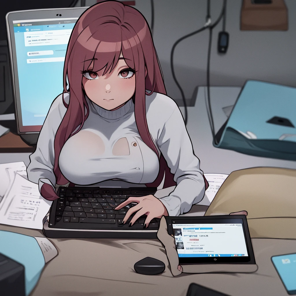 Score_9, Score_8_up, source_anime BREAK solo, 1girl, looking at viewer, cowboy photo, 1 girl, with black hair, messy hair, long hair, red eyes, bangs, hair between eyes, red hoodie, leggings, curves, breasts medium-sized, smile, sunken skin, hands on chest, behind, back, indoors, in bed, in the bedroom, on a chair, at the window, sitting, on a gaming chair, on a computer, on a keyboard\ (computer\), in games,