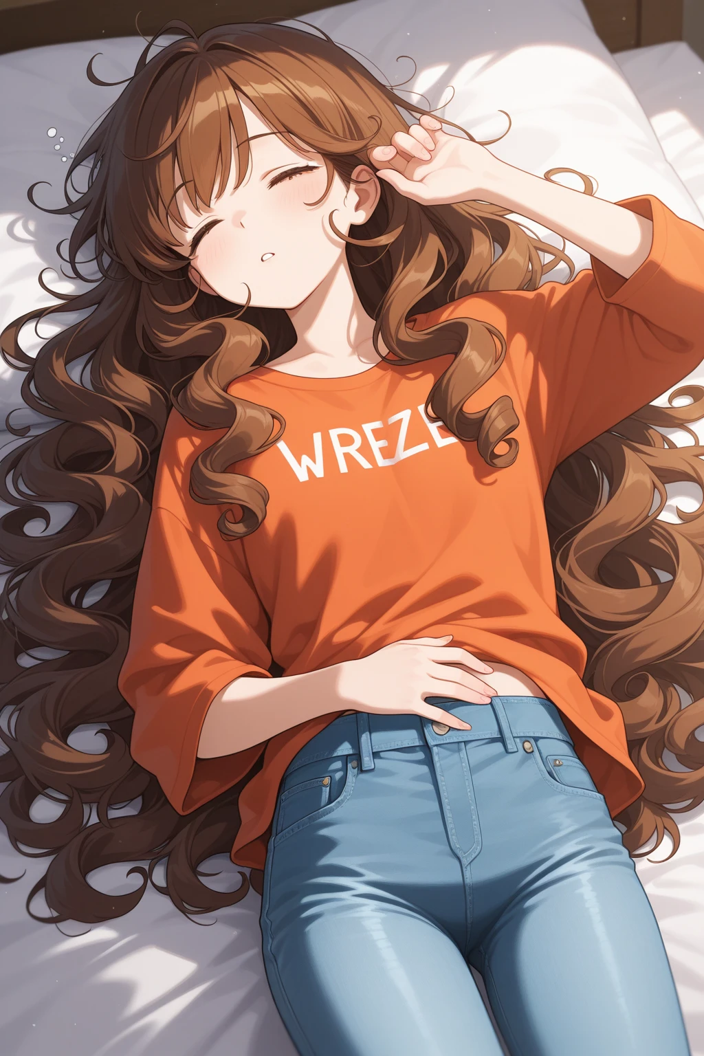 1girl, solo, long hair, ((shaggy hair)), Black-rimmed glasses, nose blush, Panic look, freckles, pale skin, Worried brow, (Bubble mouth), Looking up, pov, pov hands, He is holding her hand, (Oversized T-shirt), (One of her shirts has slipped), exposing her bra straps, The hustle and bustle of the city, 