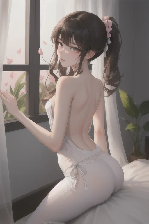 SFW,(8k, RAW photo, best quality, masterpiece, soft cinematic lighting, soft color:1.6),(ideal ratio body proportions:1.8),(from behind above:1.5),(looking back at camera:1.8),(sitting:1.5),(spread legs:0.5),(beautiful eyes focus:1.8), (realistic), (dilapidated japanese old house ,onsen background:1.6), (solo, mature woman,20years old,super beautiful face,super detaild beautiful brown eyes :1.8), (detaild sheer white Slip Dress:1.6),(coverd nipples:0.5),(embarrassed,red Cheeks:1.25),long hair, {{slicked back hair}}, white blonde color hair, clean skin, (smaller butt:1.7),(coverd nipple:0.9),(sagging huge long wide heavy breasts:1.5),(under boob:0.8), ( Perfect body skinny beauty: 1.5),(open mouth:1.1),(temptation pose:1.8),(heavy breathing:1.5),