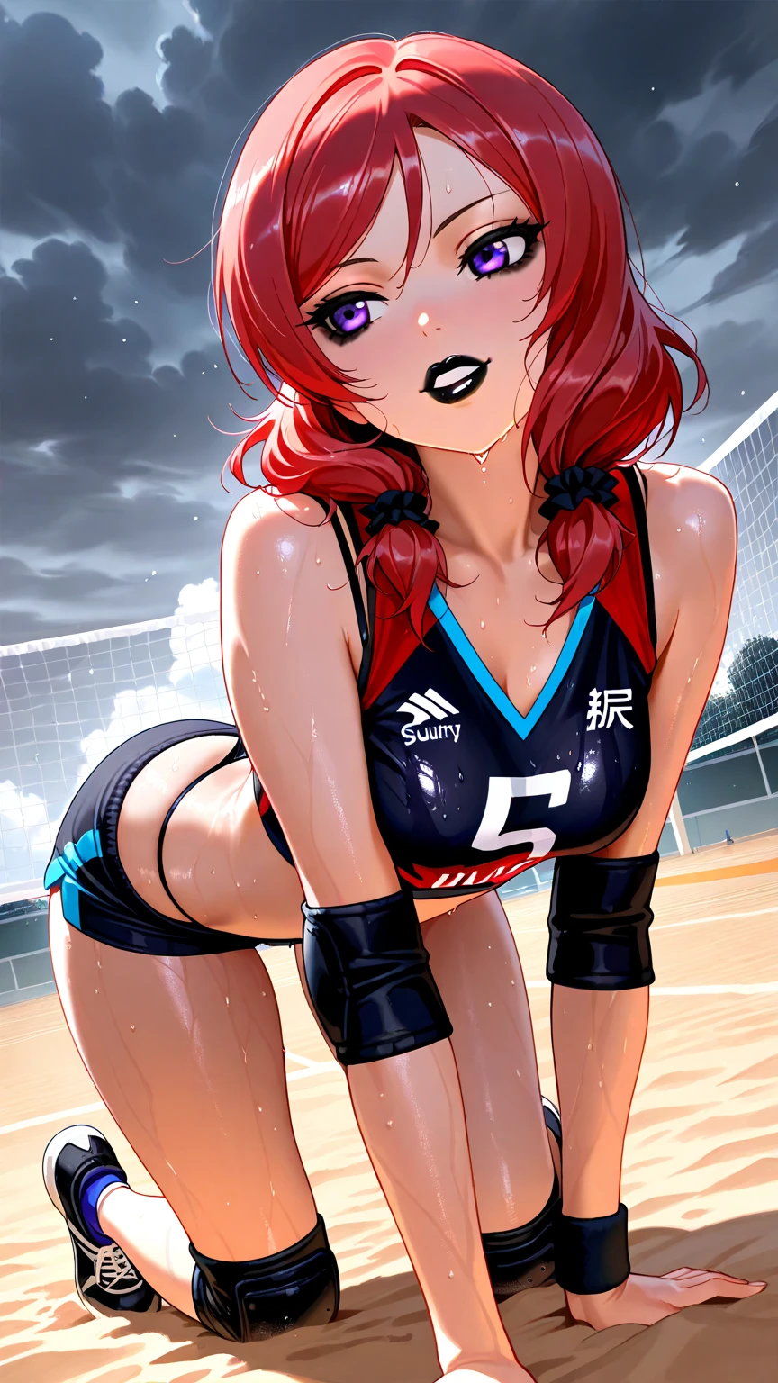 (Representative work: 1.2), (Best quality: 1.2), Solo, One girl, Shinobu little butterfly, happy smile, On face, Realistic eyes, Lilac eyes, Wet face, Black hair, (latex volleyball uniform: 1.4), Taisho era, rear view, shows ass