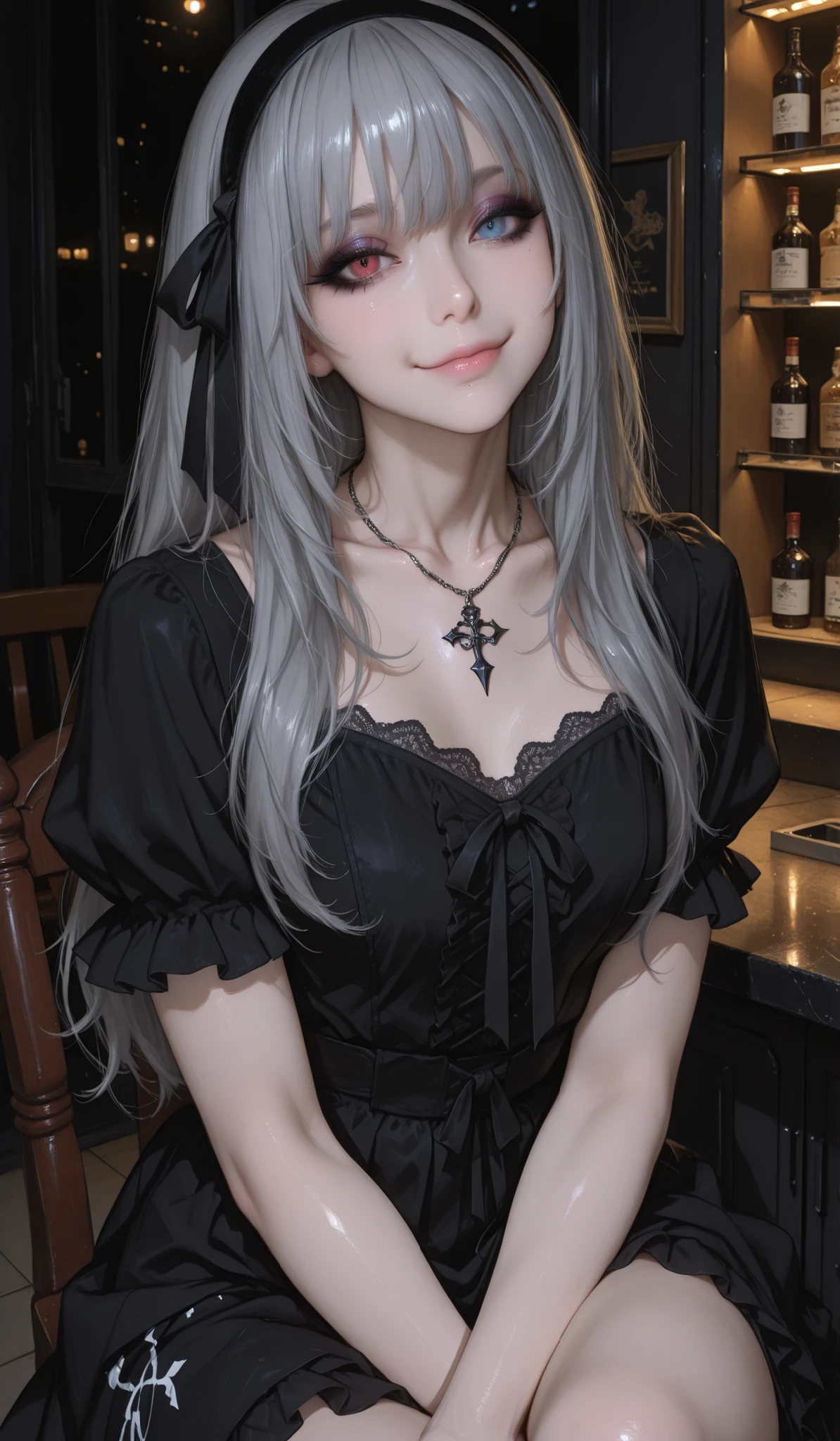 high resolution、Very detailed、 Amazing quality 、masterpiece、Very Beautiful、flash、 particle effect、1girl、solo、 beauty Skin 、Goth、Goth女孩、Eyeshadow、Bodyweight Arm、(<lora:luminous_valentine_pdxl_goofy:1>1girl, solo, heterochromia, blue eyes, long hair, red eyes, necklace, jewelry, looking at viewer, hairband, sitting, close mouth, short sleeves, ribbon, upper body, collarbone, smile, black ribbon, grey hair, shirt, chair, black hairband, gothic , black dress, dress, puffy sleeves , eyeliner , ( Standing with your back against the counter bar ), Legs crossed, night, dark style, neon, Mid_length_skirt