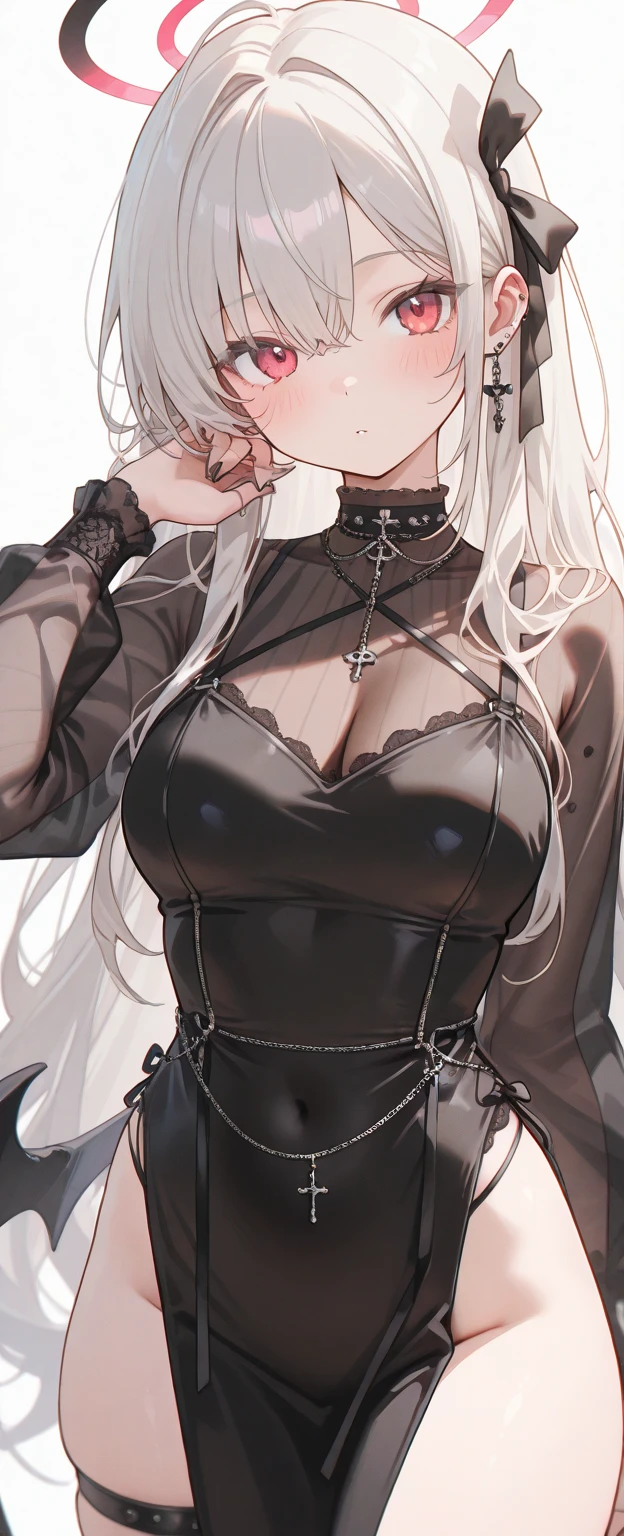 best quality, high resolution, large breasts, white hair, blush, embarrassed, cowboy shot, looking at viewer, Boosette, pink lip, (((dominatrix gothic outfit))), (((collar with chain))), (((chain between breasts))), (((off shoulders)))