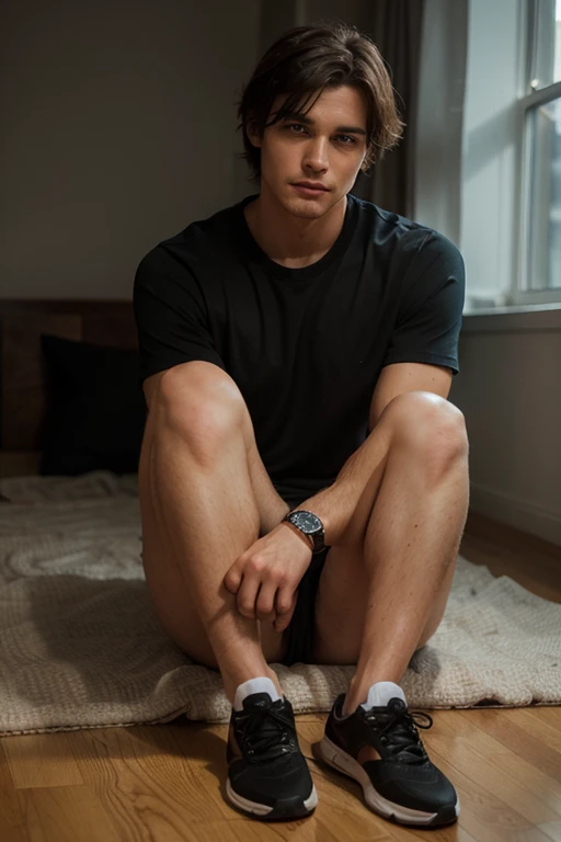A man in black trunk underwear in bed room and were black tank top under vest