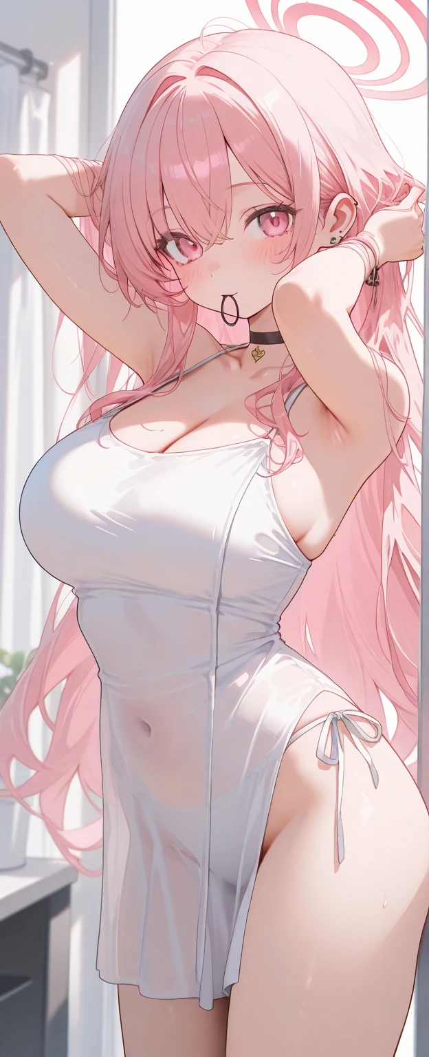 Lewd married woman、Pink Long Hair、(Huge Boobs:1.2)、White leotard、necklace、Raise one leg