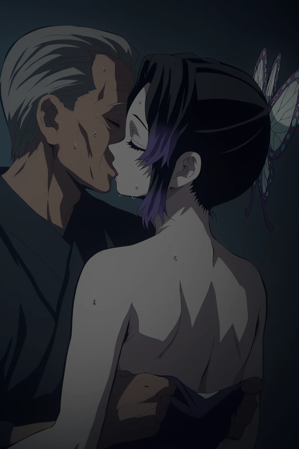rating_explicit, gothic, woman, lilac hair, sidecut ponytail hair, red lipstick, ,long hair, in pool, naked, doggystyle sex, night background