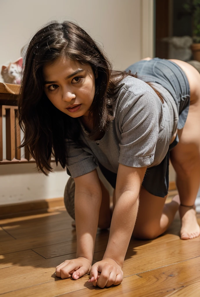 8k RAW Photo, full body photograph, sharp, natural lighting, (bare naked, fully nude), 13 years old girl, medium size breast, adorable, beautiful baby face, round face, crawling on all fours, mopping the floor, in a crowded school classroom, really wet hair, really wet body,looking back side, ass, pussy,