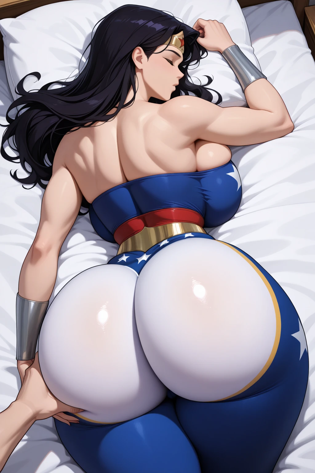 1girl, Noelle Silva from Black Clover wearing the Wonder Woman outfit, breasts, from below, solo, navel, panties, big breasts, gloves, eyes, looking at viewer, looking down, moon, smile, heart, thighs, covered nipples, thick thighs, panties, makeup, long hair, night,