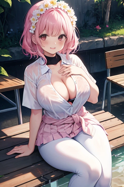 1 girl, alone, Nakano Nino, pink hair, butterfly hair ornament, big breasts, cleavage, thighs, Cafe background, (blush:1.3),Ahegao,dripping vaginal secretions,Completely naked