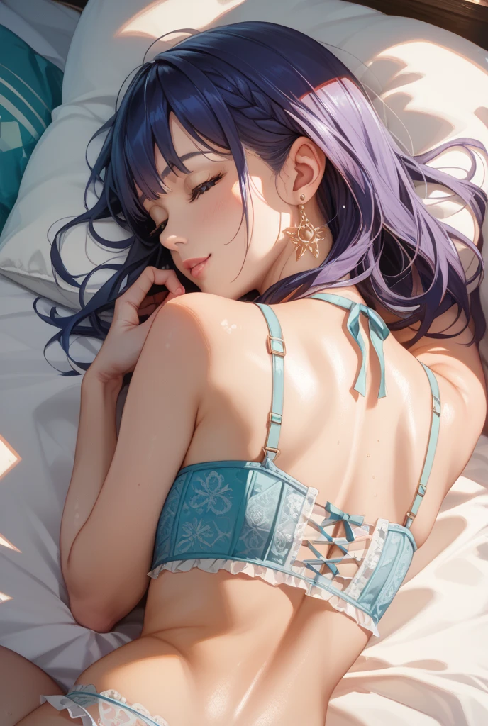(Best Quality,High resolution,8K,finelity detailed background,Masterpiece:1.2),beautiful girl,Shiny purple hair,messy hair,Purple Eyes,Gentle look,A refreshing look,Best quality,Best Quality,Aesthetic and aesthetic:1.2,Best details((Super detailed))(High-definition CG illustrations),Glamorous black underwear (black,intricate lace),Slender body,Midnight,Moonlight,Bedroom,On the bed,smile,blush,cute,Scrounge,Looking up,Being spoiled,super model,wariza,shoot from side